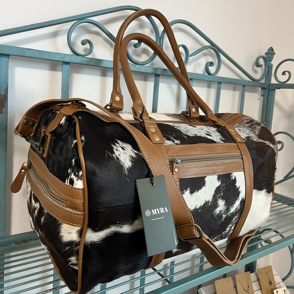 New Myra Bag Onyx Cowhide Leather Mini Small Duffel Western Travel Weekender - Picture 5 of 15